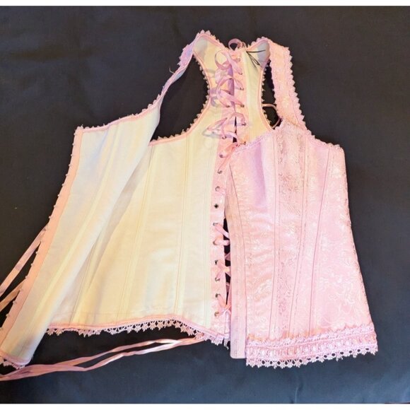 iCollection Pink Jacquard Corset Bustier with Boning Lace Up Back Size 40 - Picture 2 of 11